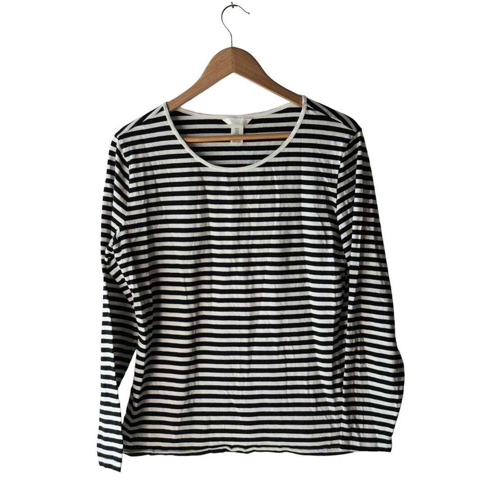 H&M Women's Size XL Black & White Striped Long Sleeve Stretch Top